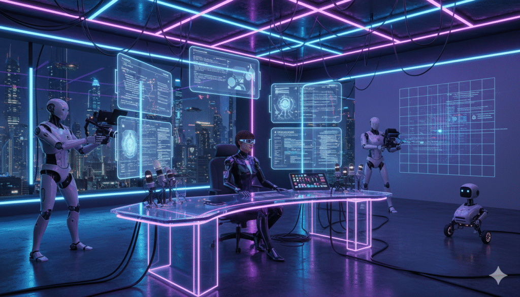 A futuristic digital creator working with AI